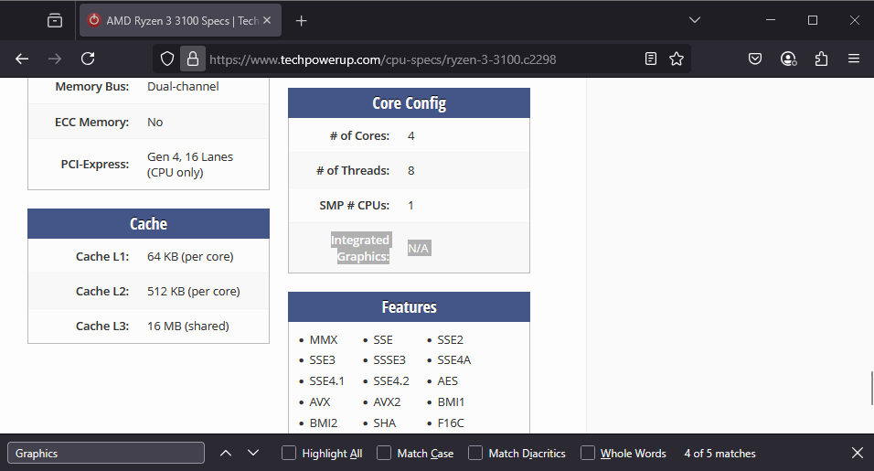 AMD CPU spec page