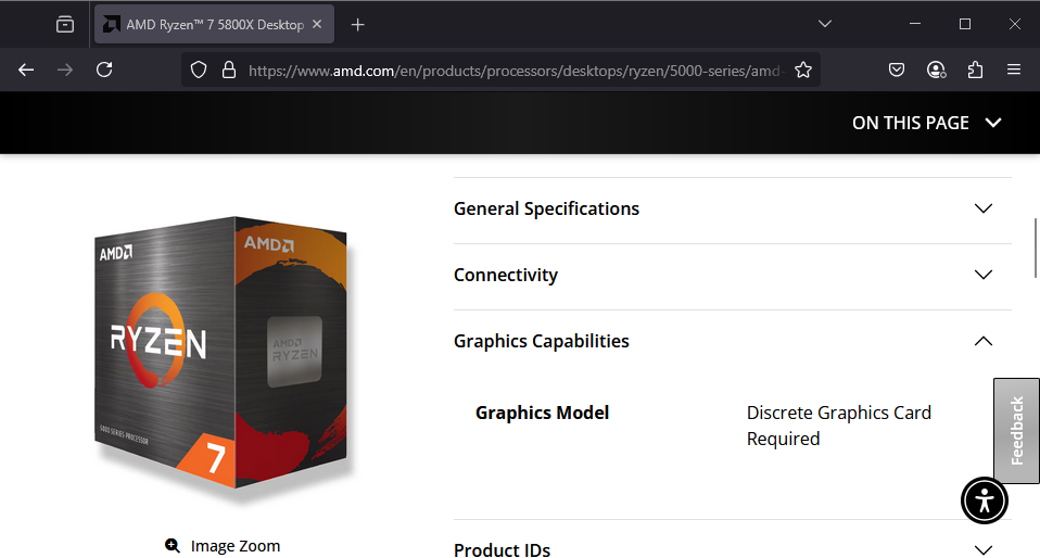 AMD CPU spec page