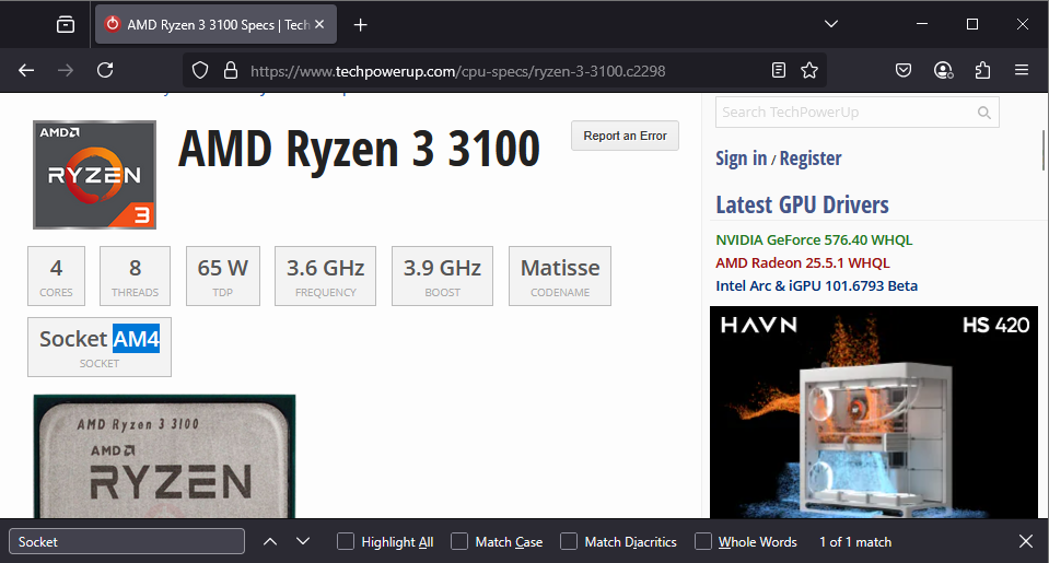 AMD CPU spec page