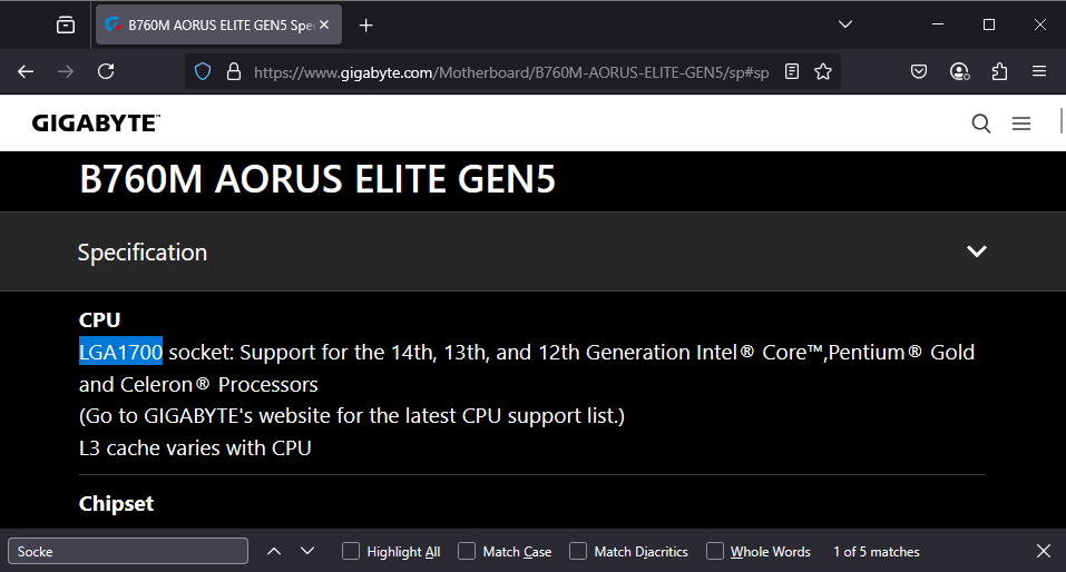 Gigabybe motherboard spec page