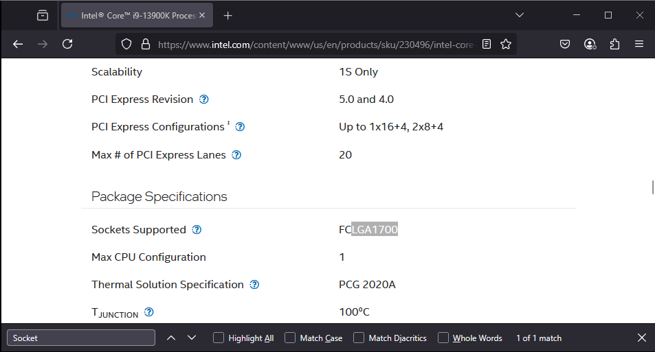 Intel CPU spec page