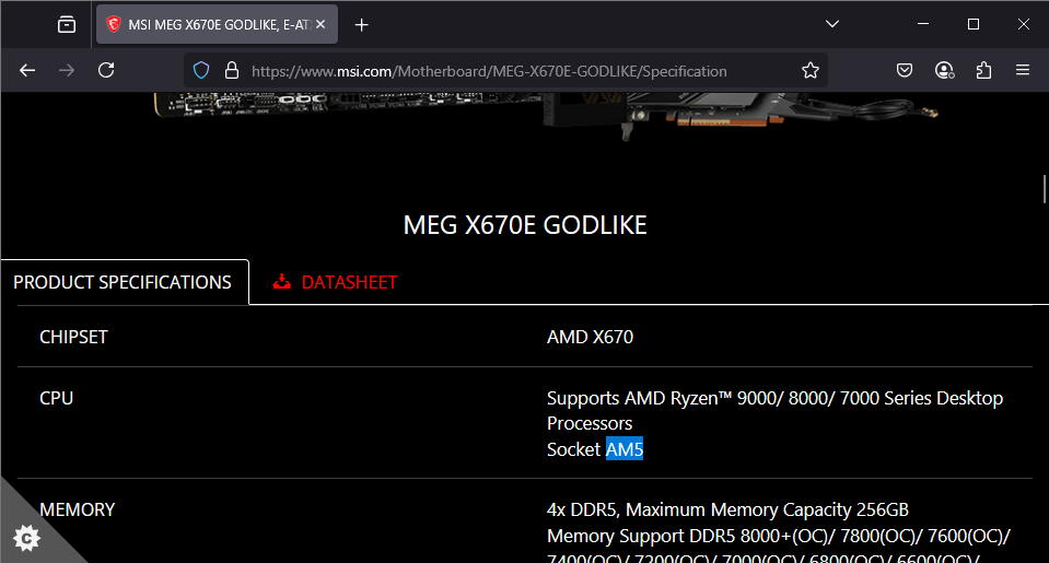 MSI motherboard spec page
